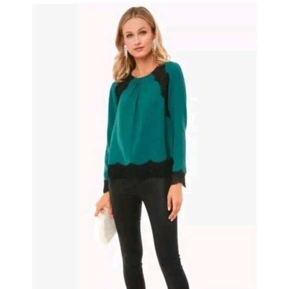 Tuckernuck Juniper Vail Blouse Emerald Green Black Lace Formal Top Shirt XS - Picture 13 of 14